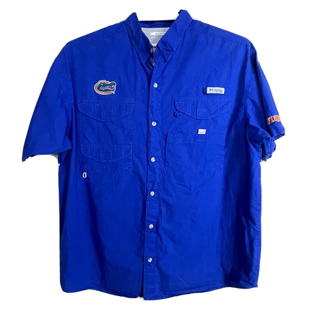 Columbia PFG Florida Gators Shirt Men L Gorpcore Blue Cotton Fishing Button Up L